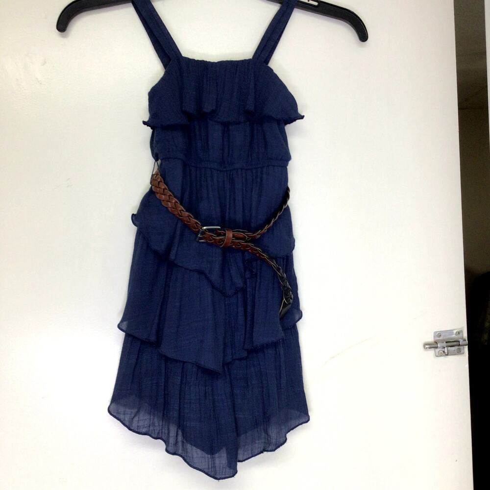PaperDoll Navy Ruffle Dress with brown braided belt Size 5